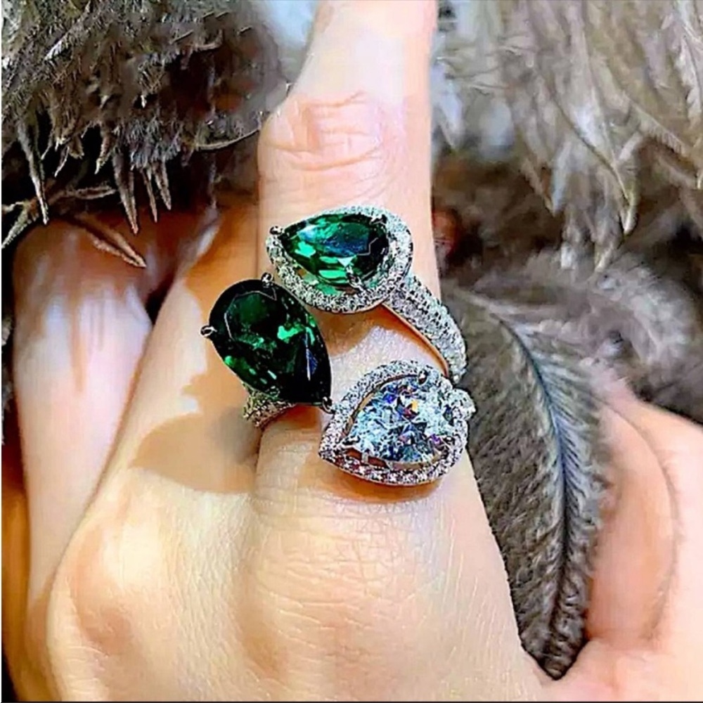 STERLING SILVER EMERALD LEAF GREEN WHITE CUBIC ZIRCONIA ADJUSTABLE SIZE RING